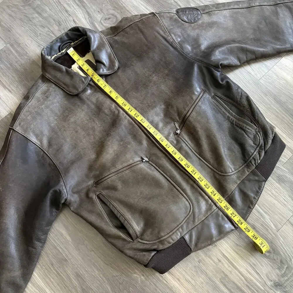 Vintage 1980s Hein Gericke Leather Bomber Flight Jacket Men's Size L Brown Map